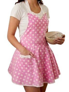 Handmade Bib Apron Pink with White Polka Dots Mother Woman Pocket Cotton Baker